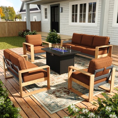 LayinSun Aluminum Patio Furniture Set with Fire Pit Table, Oversized Seat with Hight Back, Outdoor Conversation Sets