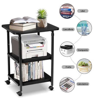 Black Adjustable 3-Tier Steel and Wood Rolling Printer Cart