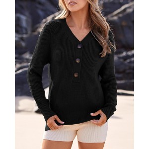 Women's Button Detail Knit Sweater - Soft Basic Pullover, Comfortable Casual Top with Multiple Styling Options - 1 of 3
