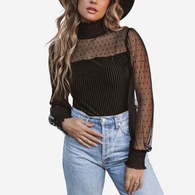 Amaryllis Women’s Sheer Polka Dot High Neck Blouse Pleated Bodice Long Puff Sleeves Smocked Cuffs