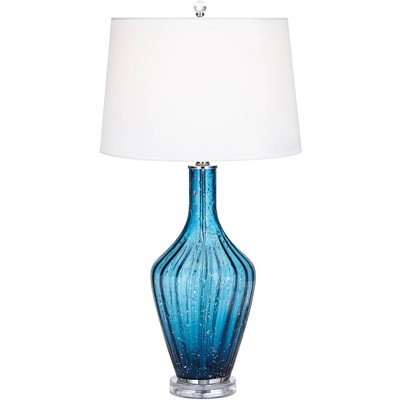 Possini Euro Design Coastal Table Lamp Blue Fluted Art Glass Vase White Drum Shade for Living Room Family Bedroom Bedside