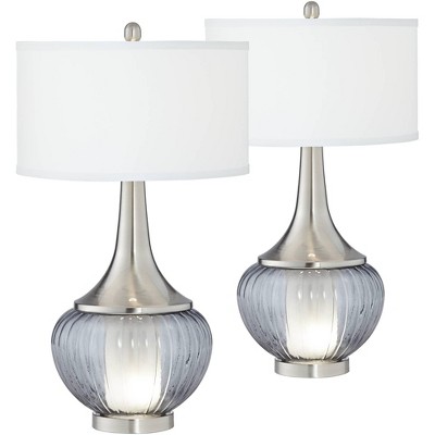 360 Lighting Modern Table Lamps Set of 2 with Nightlight Brushed Nickel Ribbed Glass White Linen Drum Shade Living Room Bedroom