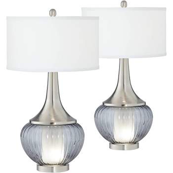 360 Lighting Courtney Modern Table Lamps 28 1/2" Tall Set of 2 Fluted Smoked Glass with Nightlight White Linen Drum Shade for Living Room Nightstand