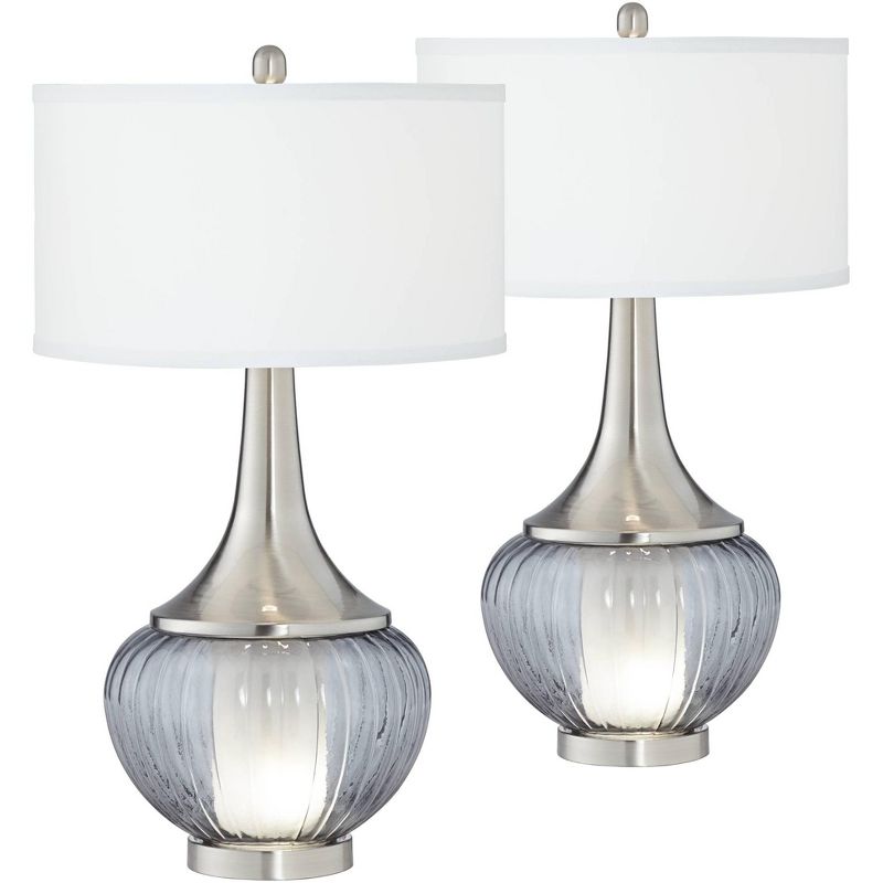 360 Lighting Courtney Modern Table Lamps 28 1/2" Tall Set of 2 Fluted Smoked Glass with Nightlight White Linen Drum Shade for Living Room Nightstand, 1 of 9