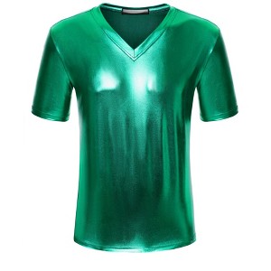 Lars Amadeus Men's Metallic Shiny Nightclub V-Neck Short Sleeve Disco T-Shirt - 1 of 4