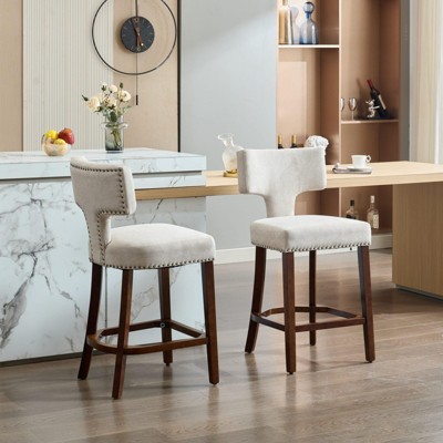 INFURNIC Counter and Bar Stools Linen Upholstered Curved Back Bar Chairs with Nailhead Trim for Dining Room, Beige, 22.05"*19.7"*39"