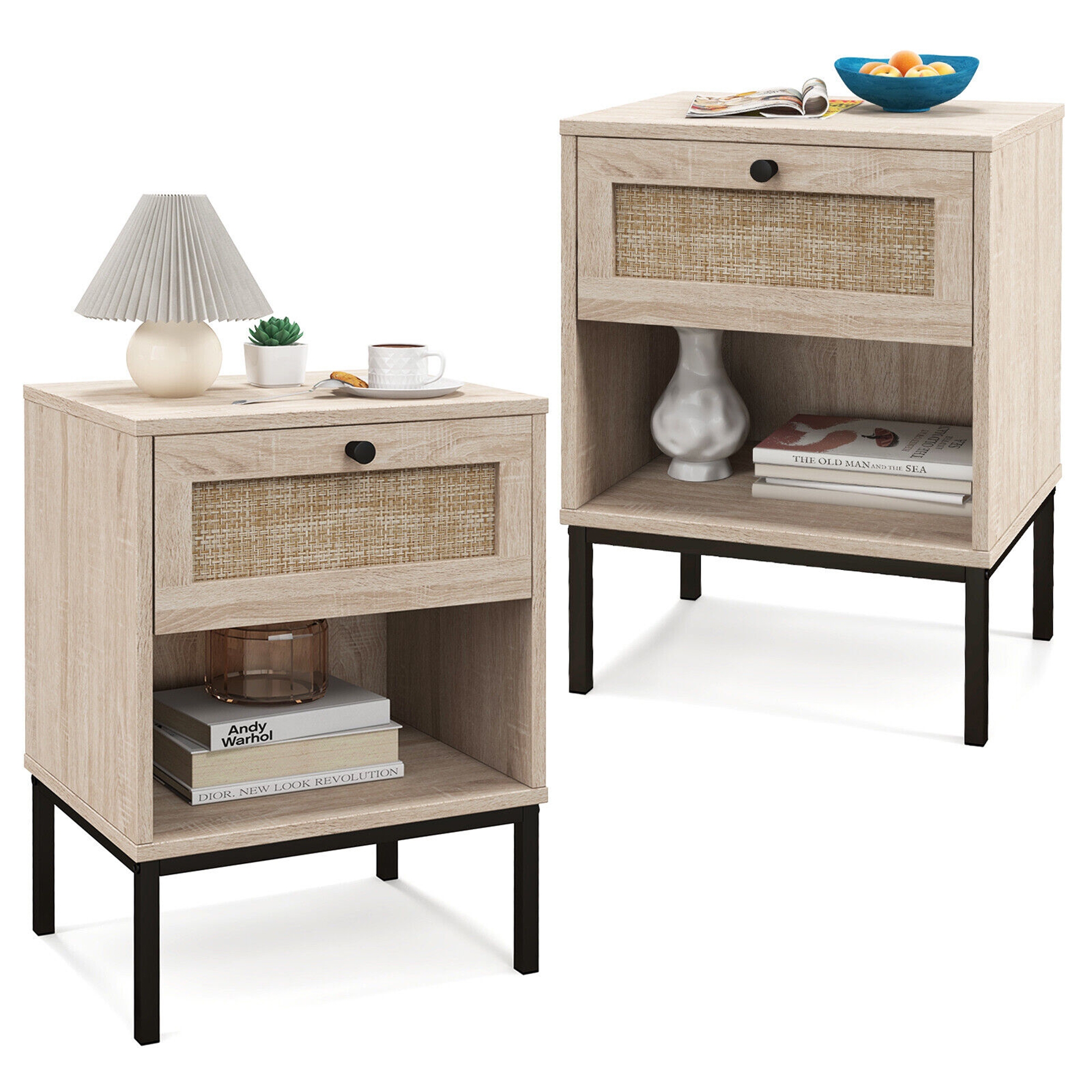 Costway 2PCS Rattan Nightstand Boho End Table w/ Drawer & Open Shelf for Living Room Oak