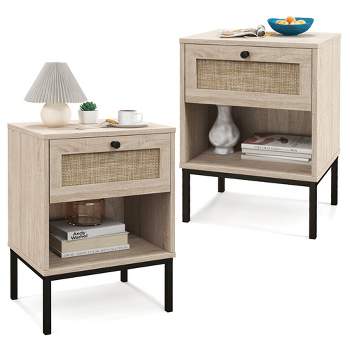 Tangkula 2PCS Rattan Nightstand Boho End Table w/ Drawer & Open Shelf for Living Room Oak