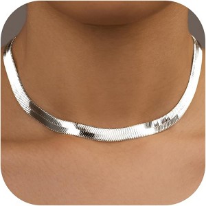 14K Gold/Silver Plated Herringbone Necklace for Women, Dainty Layered Choker Non-Tarnish - 1 of 4