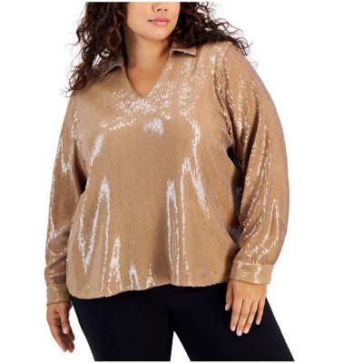 Calvin Klein Womens Sequined Pullover Blouse, Beige, 1X