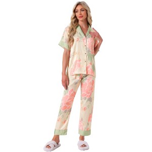 cheibear Women's Silky Short Sleeves Sleepshirt with Pants Sleepwear Pajama Set 2 Pcs - 1 of 4