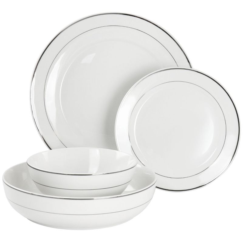 Meritage Classy 16 Piece Round Porcelain Double Bowl Dinnerware Set with Silver Rims, 3 of 9