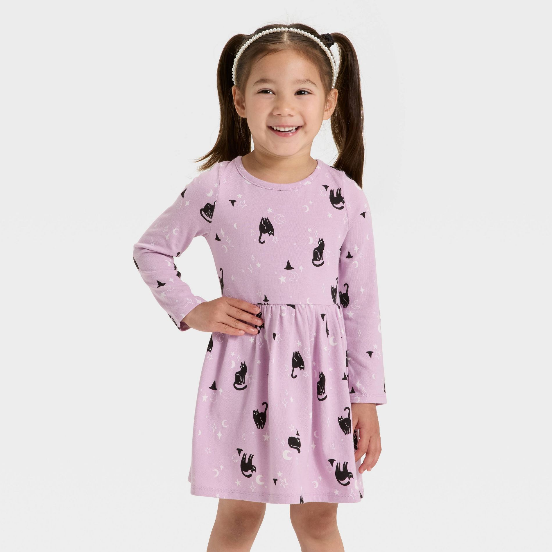 Toddler Girls' Long Sleeve Halloween Cats Dress - Cat & Jack™ Lavender 5T
