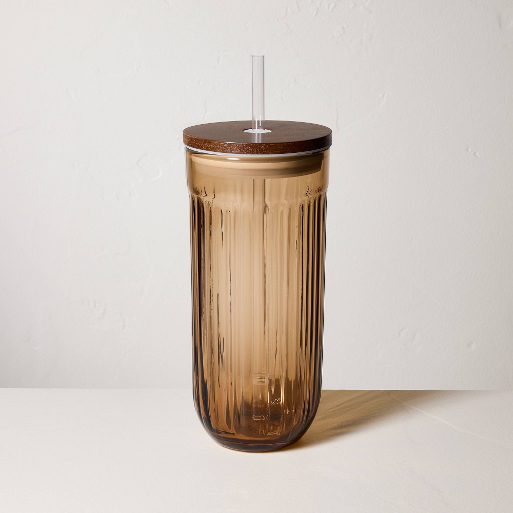 21oz Fluted Glass Tumbler with Wood Lid Peach - Hearth & Hand™ with Magnolia