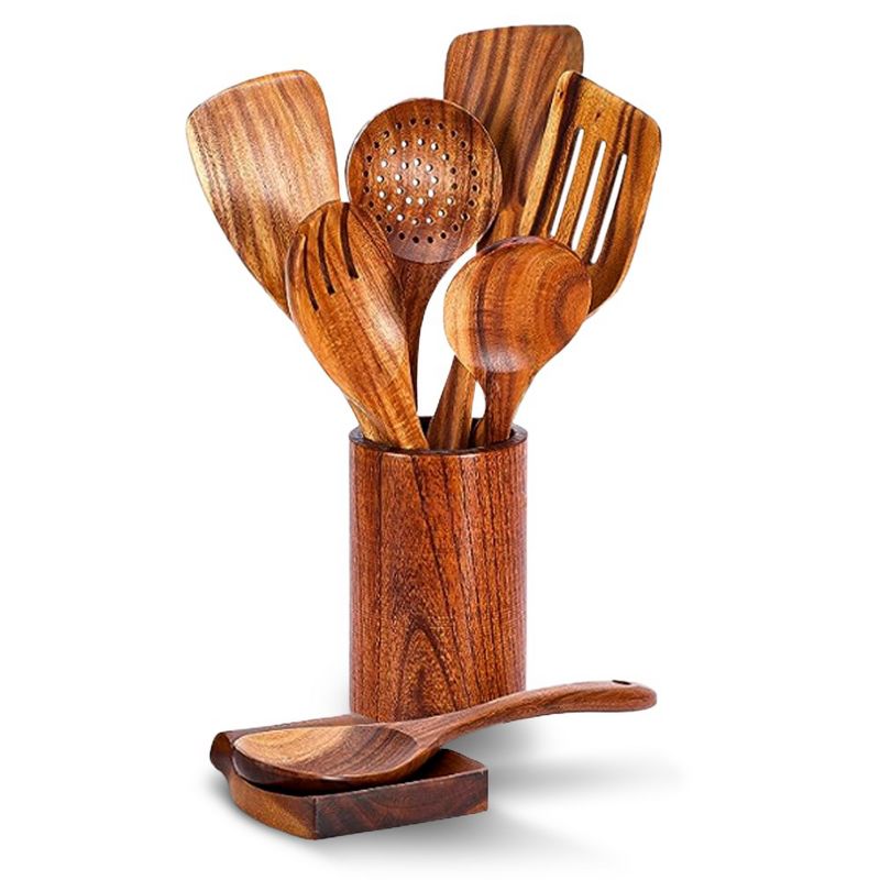 Cheer Collection 9 Piece Deluxe Wooden Utensils Set with Holder and Spoon Rest, 1 of 10