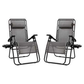 Emma and Oliver 2 Pack Adjustable Mesh Zero Gravity Lounge Chair with Cup Holder Tray