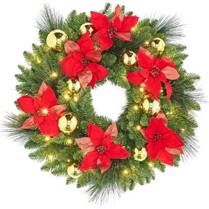 24" Pre-Lit Artificial Christmas Wreath, Frosted Pine Cone & Berry Decor for Front Door - 1 of 4