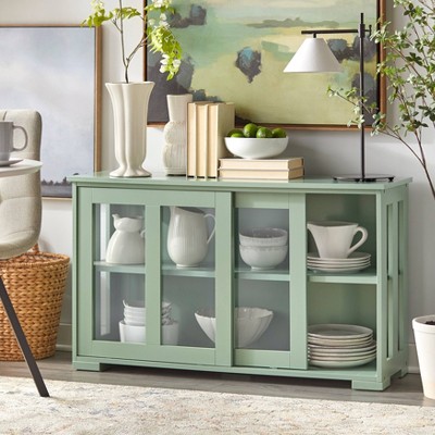 Mint Green Engineered Wood China Cabinet with Sliding Glass Doors
