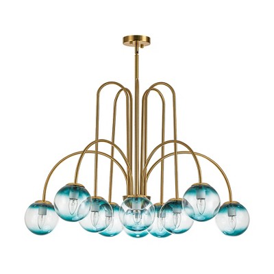 Rennnsan Briluxe 39" W 10 -Light Gradient Blue Glass Dimmable Contemporary Sputnik Chandelier in Brass