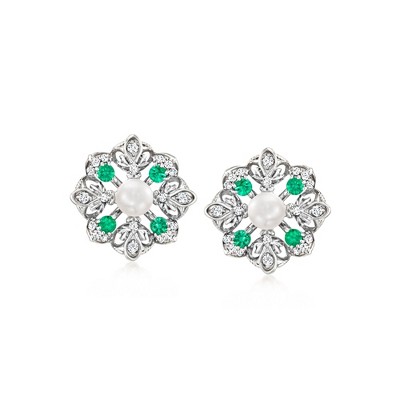 Ross-Simons 4-4.5mm Cultured Pearl and .20 ct. t.w. Emerald Earrings With .19 ct. t.w. Diamonds in Sterling Silver