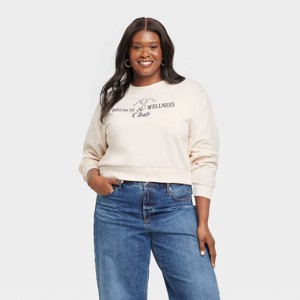Women's Brunch and Wellness Cropped Fleece Graphic Sweatshirt - Beige - 1 of 3