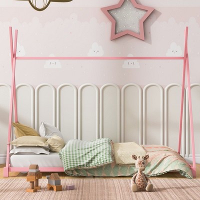 CAVINAS Floor Bed Twin Size Modern Tent-Shaped Metal Bed Frame with Slats and Triangle Structure for Bedroom