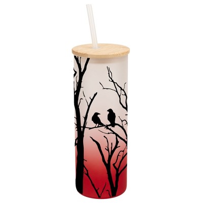 Elanze Designs Birds Resting on Tree Branches Wrap-Around Design 25 Ounce Frosted Gradient Glass On-The-Go Coffee Travel Skinny Tumbler Mug Cup,