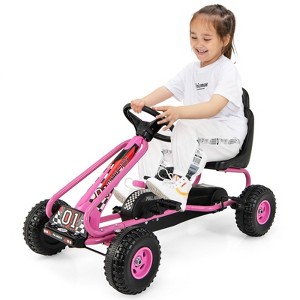 Infans 4 Wheel Pedal Powered Go Cart for Kids with Steering Wheels & Adjustable Seat, Safety Hand Brake, Non-Slip Tires, Ride On Pedal Car, Pink - 1 of 4