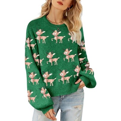 Coolmee Women's Festival Christmas Sweater Reindeer Fall Winter Long Sleeve Boat Neck Sweater Graphic Warm Trendy Sweater