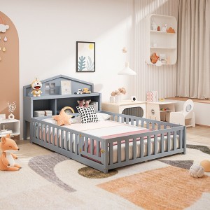 CAVINAS Full Size Wood Montessori Bed with Bookcases and Blackboards,Floor Bed with Guardrails and Storage Headboards,Toddler Bed for Bedroom - 1 of 4