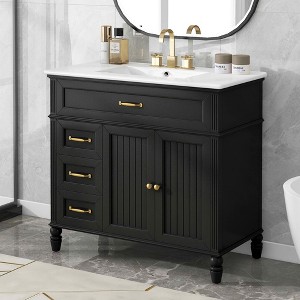 MAYEERTY 36" Bathroom Vanity with Sink Black Cabinet Drawers Solid Frame MDF One Package - 1 of 4