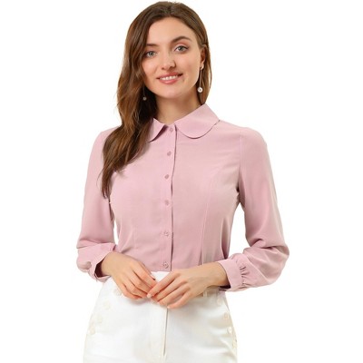 Allegra K Women's Button Up Shirt Peter Pan Collar Long Bishop Sleeve Blouse