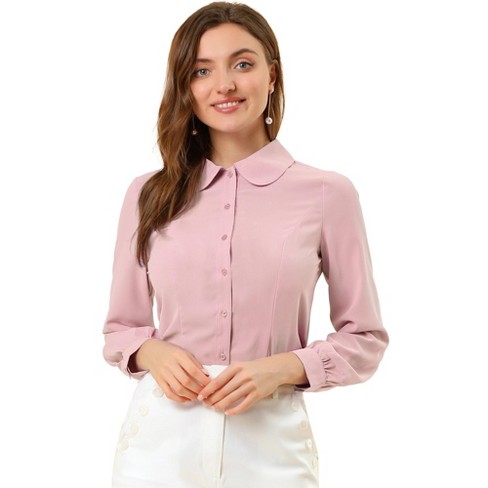 Allegra K Women's Work Peter Pan Collar Long Sleeve Button Down Shirt Pink Medium