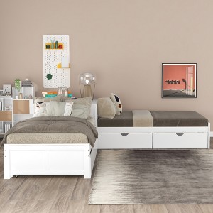 Bellemave L-shaped Platform Bed with Trundle and Drawers Linked with built-in Desk,Twin,White - 1 of 4