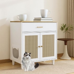 Cat Litter Box Furniture Enclosure with Storage Drawer, 31.5" Corner Cabinet with 2 Sisal Doors, Dog Proof Litter Box Cabinet, White - 1 of 4