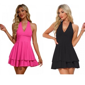 INSPIRE CHIC Women's Halter Party Deep V Neck Backless Layer Mini Dress 2 Packs - 1 of 4