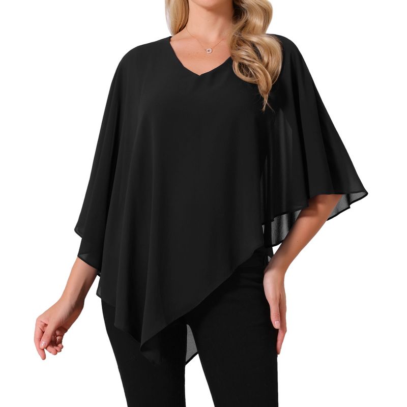 INSPIRE CHIC Women's Lightweight V Neck Flowy Casual Asymmetrical Hem Chiffon Cloak Blouse Black Small