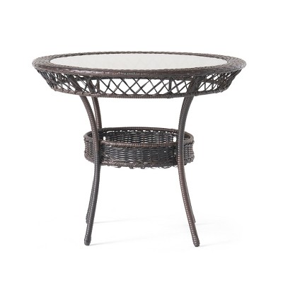 Vynxaria Patio Coffee Tables - 34" Round Glass Top Outdoor Dining Table with Storage Basket