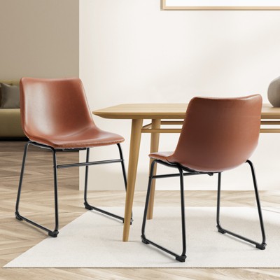 Lirago Brown 2PC Armless Industrial Faux Leather Barstool – 18.1"×18.3"×27.7" Metal Legs with Integrated Footrest