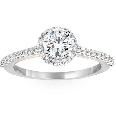 Pompeii3 1 3/8Ct Diamond & Moissanite Halo Two Tone Engagement Ring 14k Rose & White Gold
