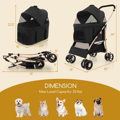 Black and Gold 3-in-1 Pet Stroller with Adjustable Canopy