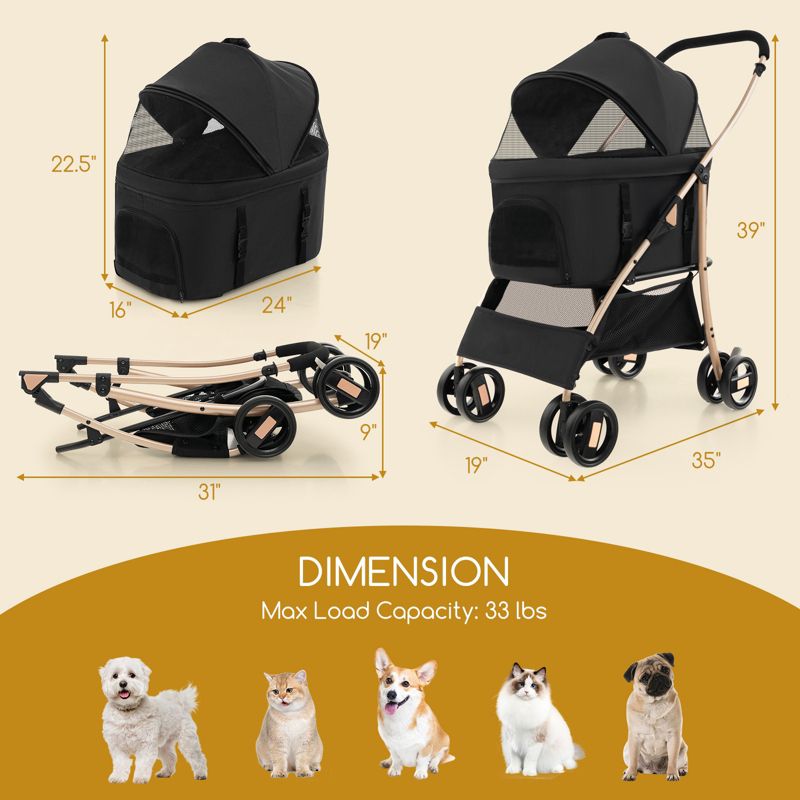 Petsite 3-In-1 Pet Stroller with Removable Car Seat Carrier 4-Level Adjustable Canopy Black+Gold/Blue/Black, 3 of 11