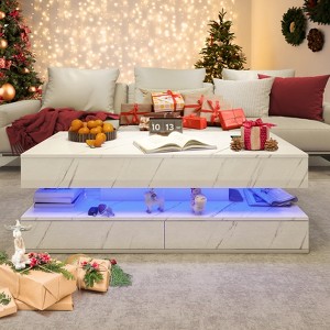 Buenhomino 47in High Glossy LED Coffee Table,Modern Coffee Tables with Marbling Print, Modern  Double-Layer Center Tables w/LED Lights for Living Room - 1 of 4