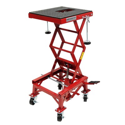 Motorcycle Lift Table, 300 Lb Heavy Duty ATV Jack with Wide Deck & J-Hooks - Foot Operated Scissor Stand Red