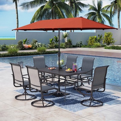 Captiva Designs 8pc Patio Dining Set with Rectangular steel table & Sling Swivel Chairs & Beige Umbrella