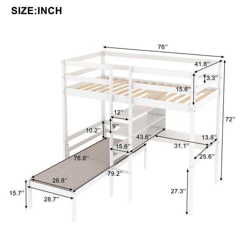Convertible Loft Bed with L Shaped Desk, Shelf and Ladder, White - ModernLuxe, 4 of 12
