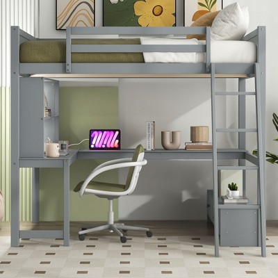 PAGED Full Size Loft Bed with Desk Simple Modern Wooden Bed Frame with Storage Drawers, LED and Inclined Ladder for Bedroom