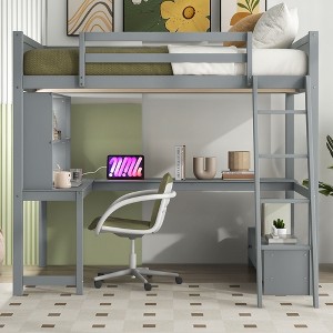 PAGED Full Size Loft Bed with Desk Simple Modern Wooden Bed Frame with Storage Drawers, LED and Inclined Ladder for Bedroom - 1 of 4