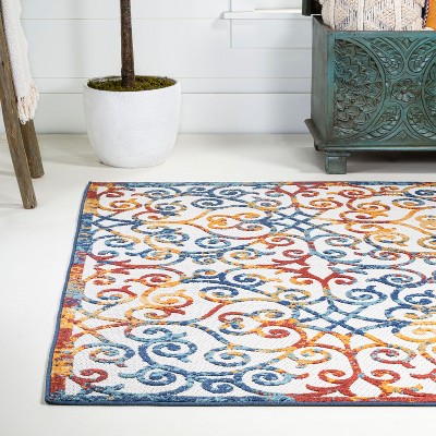 Mediterranean Trellis Blue Rectangular Washable Indoor/Outdoor Rug