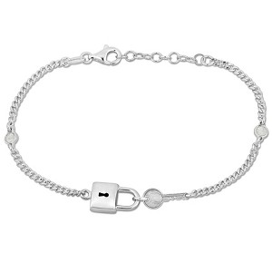 EVERLY JEWELRY | Sterling Silver White Lock and Key Bracelet enamel On 2mm Curb Link Chain, 6.5 inc+1 incextention - 1 of 4